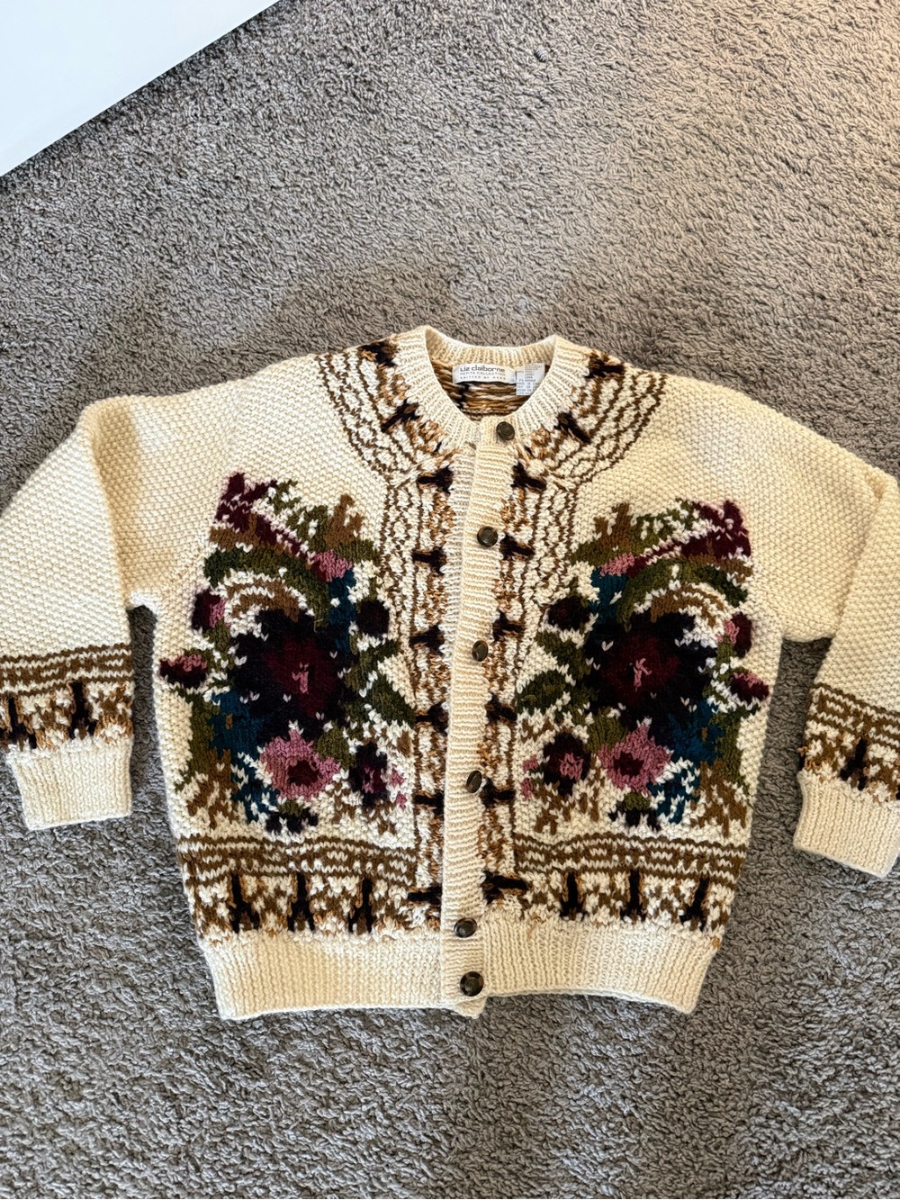 Vintage Liz Claiborne Cream Floral Knit Button-Front Women's Sweater Cardigan PM
